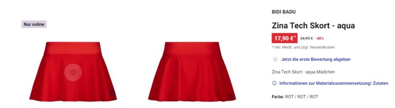 Abbildung eines kurzen roten Rocks von vorn und hinten auf der linken Bildseite. Rechts daneben die Beschreibung des Produkts: “BIDI BADU; Zina Tech Skort - aqua; 17,90 €; Mädchen; Farbe:rot”