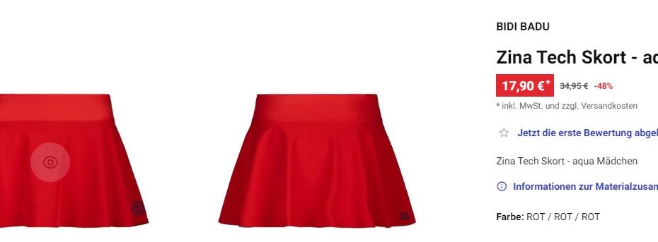 Abbildung eines kurzen roten Rocks von vorn und hinten auf der linken Bildseite. Rechts daneben die Beschreibung des Produkts: “BIDI BADU; Zina Tech Skort - aqua; 17,90 €; Mädchen; Farbe:rot”