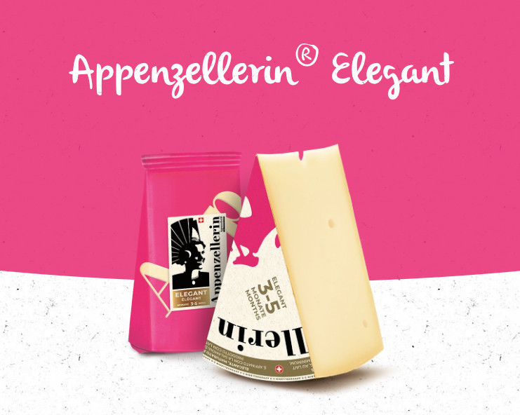 Zu sehen ist auf einem pinken Hintergrund ein aufrecht stehendes, dreieckiges Stück Käse, welches aus einem Käserondell ausgeschnitten wurde. Dahinter ebenfalls ein auf der breiten Käserinde stehendes, dreieckiges Stück Käse, welches in einer vollständig pinken Verpackung ist. Auf der Verpackung steht “Elegant” und “Appenzellerin”. Über dem Käse steht in weißer Schrift “Appenzellerin Elegant”.