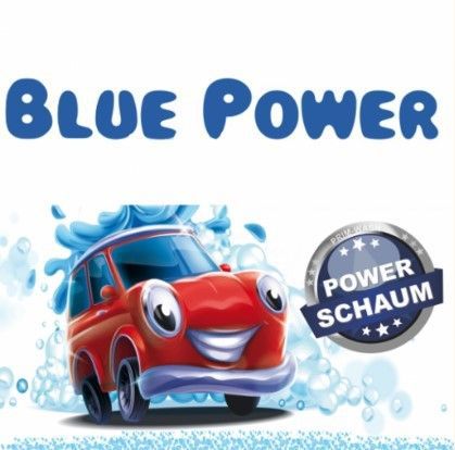 zu sehen oben in blauer Schrift: BLUE POWER darunter ein rotes comicartiges Auto mit Augen als Scheinwerfer umgeben von blauen Blasen und Schaum, rechts daneben ein Siegel mit weißer Schrift: Power Schaum