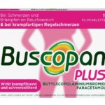 Bild einer pinken Buscopan Plus Packung. Oben links steht: “bei Schmerzen und Krämpfen im Bauchbereich” und darunter, fettgedruckt: “& bei krampfartigen Regelschmerzen”. Oben rechts steht: “10 Stück”. Die pinke Torso-Silhouette auf der Packung ist kurvig, steht etwas abgeknickt und hat die Hände in die Hüften gestemmt oder auf den Bauch gelegt.