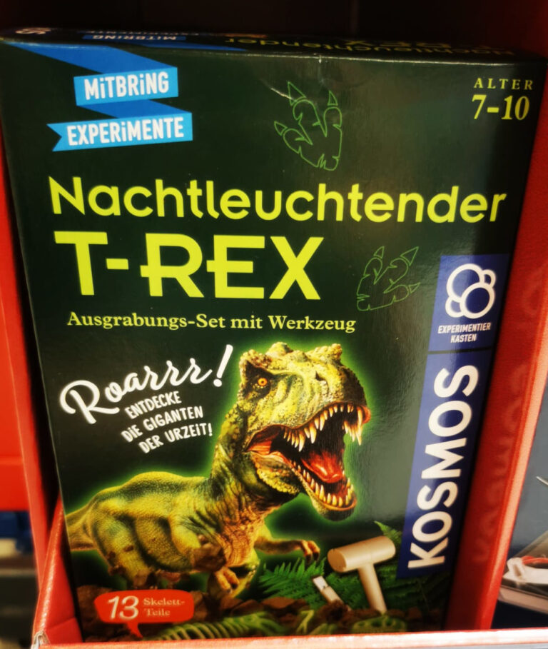 T-Rex: eine Kartonverpackung in dunkelgrün mit der Aufschrift “ MitbringExperimente Nachteuchtender T-Rex Ausgrabungs-Set mit Werkzeug” Darunter ist ein grüner T-Rex zu sehen, der sein Maul gefährlich aufreißt, so daß man seine Zähne sieht.