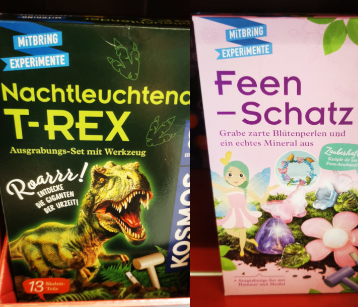 Linke Seite: T-Rex: eine Kartonverpackung in dunkelgrün mit der Aufschrift “ MitbringExperimente Nachteuchtender T-Rex Ausgrabungs-Set mit Werkzeug” Darunter ist ein grüner T-Rex zu sehen, der sein Maul gefährlich aufreißt, so daß man seine Zähne sieht. Rechte Seite: Feen-Schatz: eine rosa Kartonverpackung mit der Aufschrift “Mitbring Experiment Feen-Schatz grabe zarte Blütenperlen und ein echtes Mineral aus” darunter zu sehen eine gezeichnete Fee und rosa und lilafarbene Steinchen in Form von Schmetterling und Blumen.
