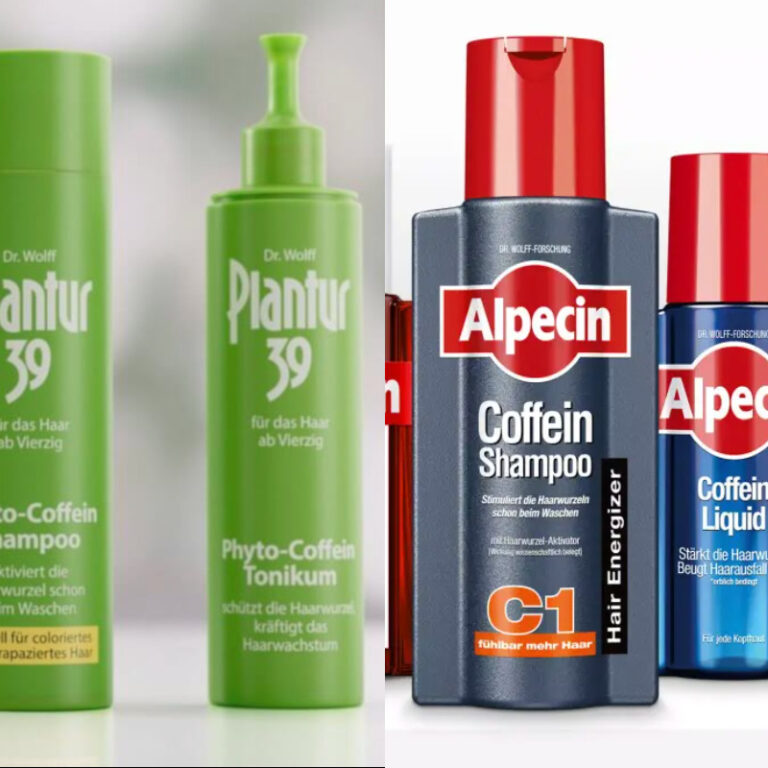 Zusammenschnitt aus zwei Werbeanzeigen: Links: Werbeanzeige für Dr. Wolff Plantur 39 Haarpflegeprodukte mit Coffein-Therapie. Das Bild zeigt zwei grüne Produkte der Serie vor einem unscharfen, hellen Hintergrund: Rechts das Phyto-Coffein Shampoo in einer grünen Flasche mit Schraubverschluss, beschrieben als "aktiviert die Haarwurzel schon beim Waschen" und "speziell für coloriertes und strapaziertes Haar". Links das Phyto-Coffein Tonikum in einer grünen Flasche mit Pumpspender, das "schützt die Haarwurzeln" und "kräftigt das Haarwachstum". Beide Produkte sind für "das Haar ab Vierzig" konzipiert, wie auf den Flaschen angegeben. Links im Bild steht das große Plantur 39 Logo in grüner Schrift. Rechts: Produktaufstellung der Alpecin Haarpflege-Serie mit fünf verschiedenen Shampoo-Varianten für Männer vor weißem Hintergrund. Von links nach rechts: Grey Attack - Schwarze Flasche mit schwarzem Verschluss, speziell für grau werdendes Haar, mit der Aufschrift "Schrittweise dunkleres und stärkeres Haar" und "Coffein & Color Shampoo" Coffein DMG Shampoo - Weiße Flasche mit rotem Verschluss, bewirbt "Steigert die Mikro-Durchblutung" und "Reduziert Haarausfall" Coffein Shampoo C1 - Graue Flasche mit rotem Verschluss in der Bildmitte, das Flaggschiff-Produkt mit "Stimuliert die Haarwurzeln beim Waschen" und "fühlbar mehr Haar" Coffein Liquid - Blaue Flasche mit rotem Verschluss, Aufschrift "Stärkt die Haarwurzel" und "Beugt Haarausfall vor" Doppel Effekt - Rote Flasche mit rotem Verschluss, "Coffein Shampoo" gegen "Haarausfall" und "Schuppen"
