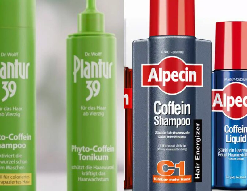 Zusammenschnitt aus zwei Werbeanzeigen: Links: Werbeanzeige für Dr. Wolff Plantur 39 Haarpflegeprodukte mit Coffein-Therapie. Das Bild zeigt zwei grüne Produkte der Serie vor einem unscharfen, hellen Hintergrund: Rechts das Phyto-Coffein Shampoo in einer grünen Flasche mit Schraubverschluss, beschrieben als "aktiviert die Haarwurzel schon beim Waschen" und "speziell für coloriertes und strapaziertes Haar". Links das Phyto-Coffein Tonikum in einer grünen Flasche mit Pumpspender, das "schützt die Haarwurzeln" und "kräftigt das Haarwachstum". Beide Produkte sind für "das Haar ab Vierzig" konzipiert, wie auf den Flaschen angegeben. Links im Bild steht das große Plantur 39 Logo in grüner Schrift. Rechts: Produktaufstellung der Alpecin Haarpflege-Serie mit fünf verschiedenen Shampoo-Varianten für Männer vor weißem Hintergrund. Von links nach rechts: Grey Attack - Schwarze Flasche mit schwarzem Verschluss, speziell für grau werdendes Haar, mit der Aufschrift "Schrittweise dunkleres und stärkeres Haar" und "Coffein & Color Shampoo" Coffein DMG Shampoo - Weiße Flasche mit rotem Verschluss, bewirbt "Steigert die Mikro-Durchblutung" und "Reduziert Haarausfall" Coffein Shampoo C1 - Graue Flasche mit rotem Verschluss in der Bildmitte, das Flaggschiff-Produkt mit "Stimuliert die Haarwurzeln beim Waschen" und "fühlbar mehr Haar" Coffein Liquid - Blaue Flasche mit rotem Verschluss, Aufschrift "Stärkt die Haarwurzel" und "Beugt Haarausfall vor" Doppel Effekt - Rote Flasche mit rotem Verschluss, "Coffein Shampoo" gegen "Haarausfall" und "Schuppen"