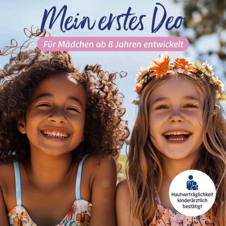 Das Bild zeigt ein Werbebild von CD mit der Überschrift “Mein erstes Deo”. Darunter steht “Für Mädchen ab 8 Jahren entwickelt” Das Bild zeigt zwei junge Mädchen, die in die Kamera lächeln. Die Kinder sind sommerlich gekleidet, das rechte Mädchen trägt einen Blumenkranz im Haar. Rechts unten steht der Hinweis: Hautverträglichkeit kinderärztlich bestätigt.