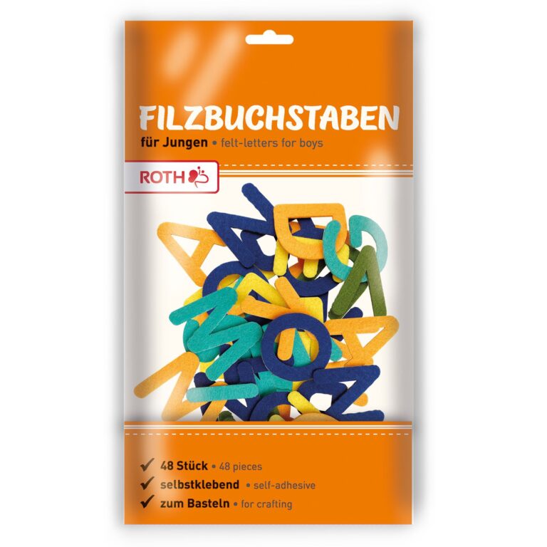 Verpackung von selbstklebenden Filzbuchstaben der Marke ROTH mit der Aufschrift „Filzbuchstaben für Jungen“. Die Buchstaben sind in Blau-, Grün- und Gelbtönen dargestellt. Auf der Packung steht „48 Stück“, „selbstklebend“ und „zum Basteln“.