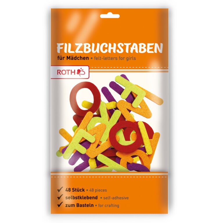 Verpackung von selbstklebenden Filzbuchstaben der Marke ROTH mit der Aufschrift „Filzbuchstaben für Mädchen“. Die Buchstaben sind in helleren, bunt gemischten Farben wie Rot, Gelb und Lila dargestellt. Auch hier steht „48 Stück“, „selbstklebend“ und „zum Basteln“.