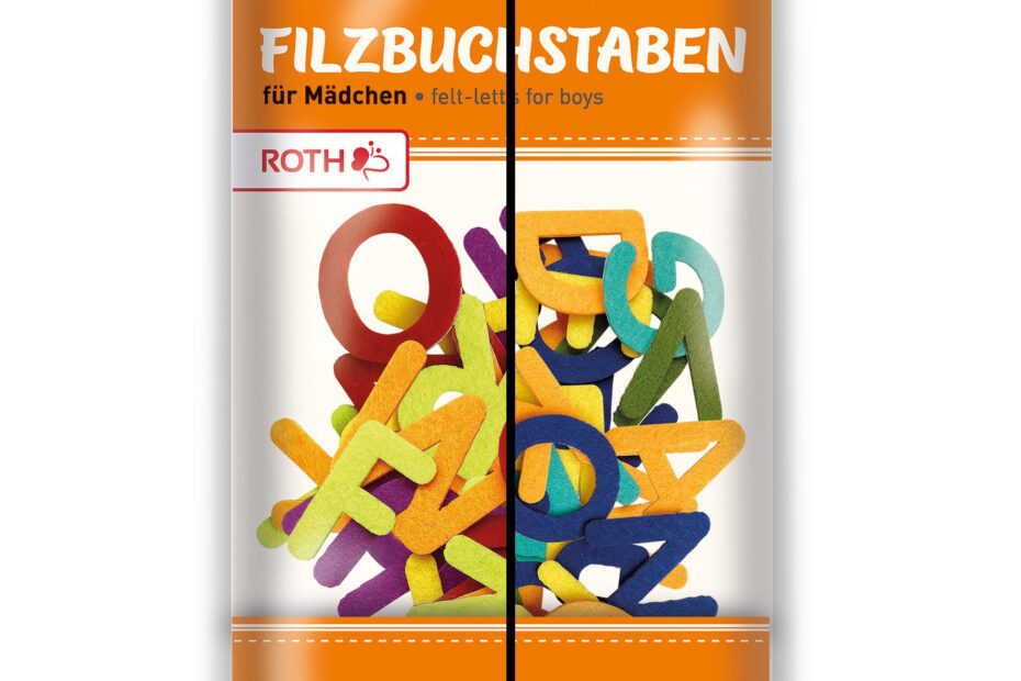 Zusammenschnitt aus einer Verpackung von selbstklebenden Filzbuchstaben der Marke ROTH mit der Aufschrift „Filzbuchstaben für Mädchen“. Die Buchstaben sind in helleren, bunt gemischten Farben wie Rot, Gelb und Lila dargestellt. Auch hier steht „48 Stück“, „selbstklebend“ und „zum Basteln“ und der gleichen Verpackung mit Buchstaben in Blau-, Grün- und Gelbtönen und der Aufschrift "Für Jungen".