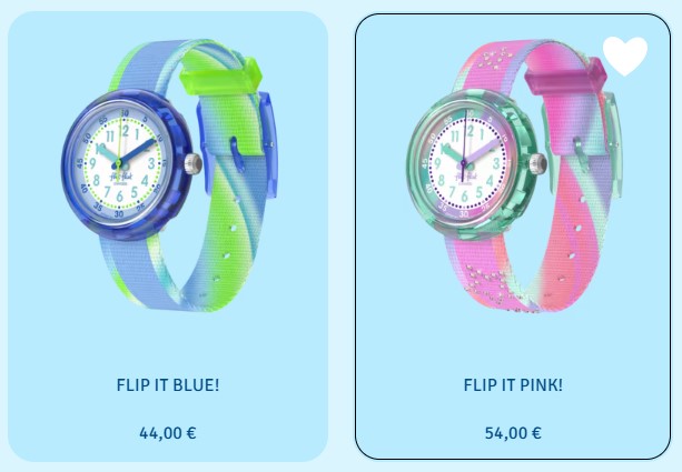 Zu sehen sind zwei Uhren. Eine blau-grüne Uhr für 44€ und eine pink-helltürkise Uhr für 54€