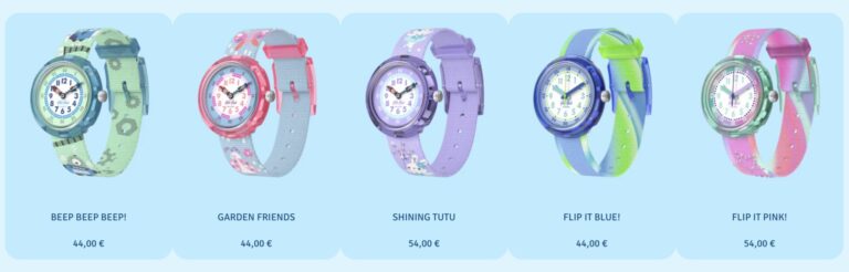 Screenshot aus Onlineshop. 4 Kinderuhren nebeneinander, ganz links und rechts außen Uhren in blaugrün mit dem Preis 44€. In der Mitte zwei Uhren in pink lila, die mit dem Preis 54€ angegeben sind.