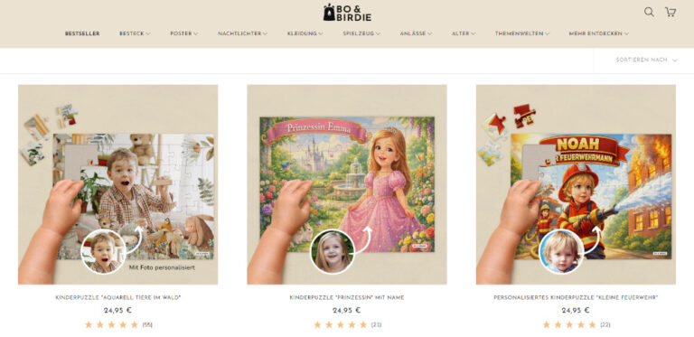 Drei personalisierte Kinderpuzzles. „Aquarell Tiere im Wald“ zeigt einen Jungen zwischen Waldtieren. „Prinzessin mit Name“ zeigt ein Mädchen im rosa Kleid vor einem Schloss, mit dem Banner „Prinzessin Emma“. „Kleine Feuerwehr“ zeigt einen Jungen in Feuerwehruniform beim Löschen, mit dem Banner „Noah“.