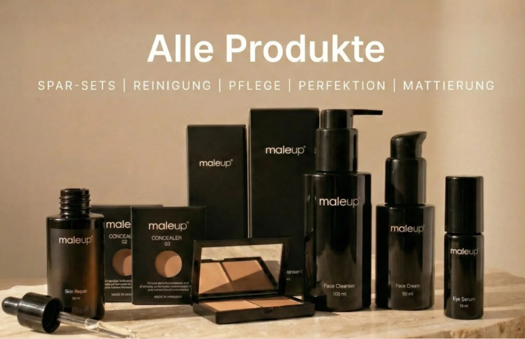Produktübersicht von MaleUp vor beigem Hintergrund. Zu sehen sind mehrere schwarze Pflege- und Kosmetikprodukte, darunter Concealer, Puder, Gesichtsreiniger, Gesichtscreme und Augenserum. Oben steht „Alle Produkte“ sowie die Kategorien „Spar-Sets“, „Reinigung“, „Pflege“, „Perfektion“ und „Mattierung“.