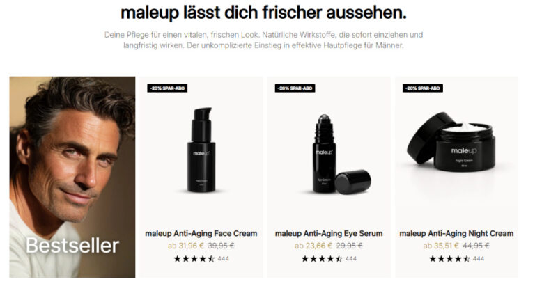 Screenshot der MaleUp-Website mit der Überschrift „maleup lässt dich frischer aussehen“. Darunter steht, die Pflege sei für einen vitalen, frischen Look und ein unkomplizierter Einstieg in Hautpflege für Männer. Zu sehen sind ein männliches Model sowie drei schwarze Produkte: Anti-Aging Face Cream, Eye Serum und Night Cream.