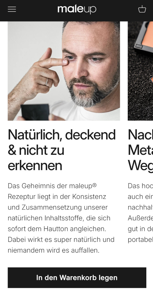 Screenshot der Website von MaleUp. Die Kosmetikmarke beschreibt ihre Produkte als speziell für Männer entwickelt und verwendet Formulierungen wie „Männerhaut“ und „Abdeckcreme für Männer“.