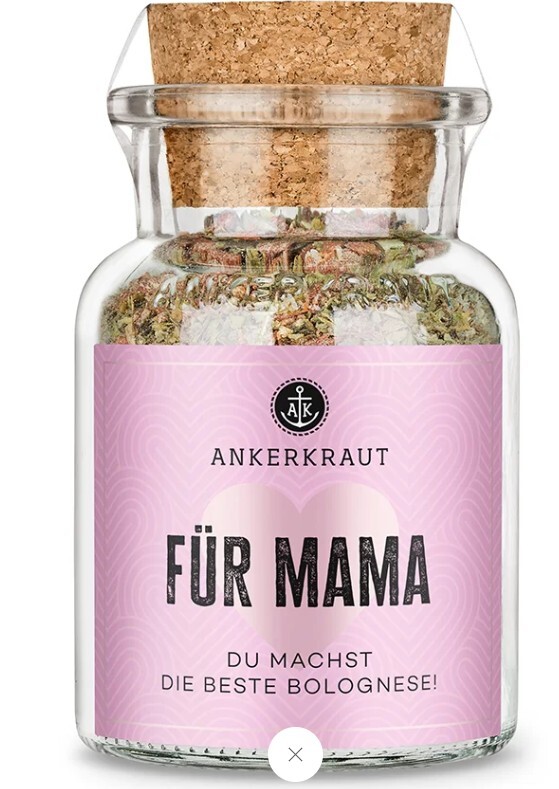 Gewürzfläschchen mit Korken auf dem Glasfläschchen ein rosa Etikett mit Aufschrift: für Mama Du machst die beste Bolognese!