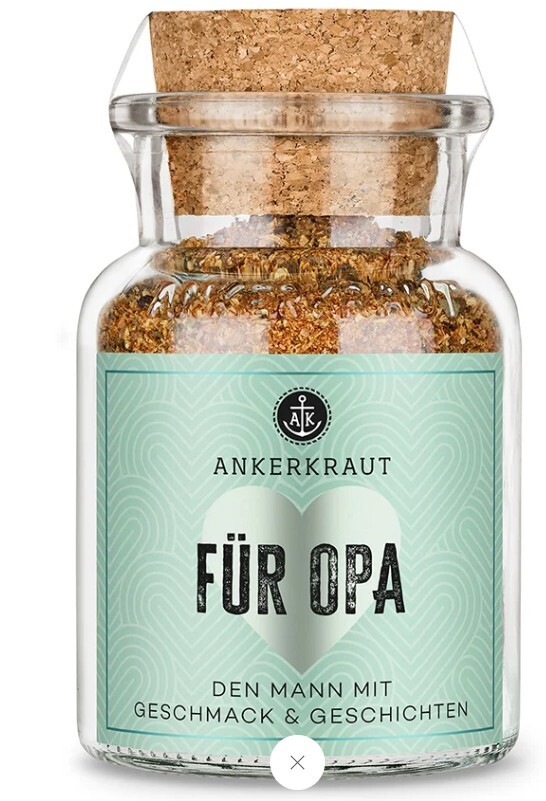Gewürzfläschchen mit Korken auf dem Glasfläschchen ein hellgrünes Etikett mit Aufschrift: für Opa den Mann mit Geschmack & Geschichten