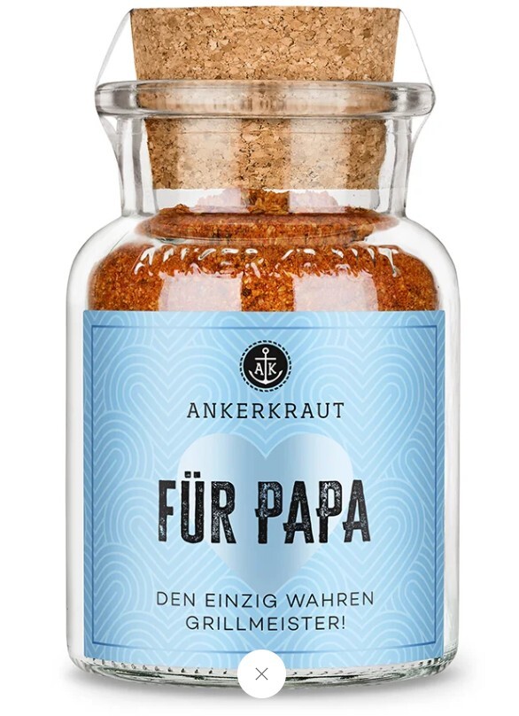 Gewürzfläschchen mit Korken auf dem Glasfläschchen ein hellblaues Etikett mit Aufschrift: für Papa den einzig wahren Grillmeister!