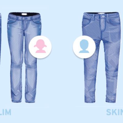 180807_jeans_guide_kids_blog_detail_01 Vier gezeichnete Jeans nebeneinander sind zu sehen. Links 2 Paar Jeans, darunter steht SLIM. Die linke Jeans ist mit einem weißen Kreis und darin eine blauer Jungenkopf gekennzeichnet, die Jeans rechts daneben ist viel schmaler und mit einem weißen Kreis und einem rosa Mädchenkopf gekennzeichnet. Das gleiche auf der rechten Hälfte des Bildes. LLinkse die Skinny Jeans für Jungs, daneben die wieder viel schmalere Jeans mit einem Mädchenkopf gekennzeichnet.