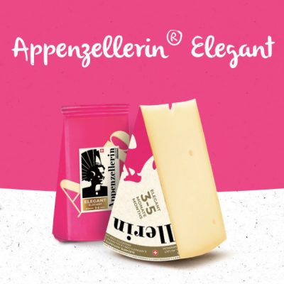24-095_appenzellerin_2 Zu sehen ist auf einem pinken Hintergrund ein aufrecht stehendes, dreieckiges Stück Käse, welches aus einem Käserondell ausgeschnitten wurde. Dahinter ebenfalls ein auf der breiten Käserinde stehendes, dreieckiges Stück Käse, welches in einer vollständig pinken Verpackung ist. Auf der Verpackung steht “Elegant” und “Appenzellerin”. Über dem Käse steht in weißer Schrift “Appenzellerin Elegant”.